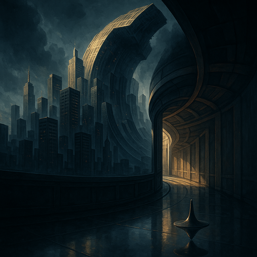 A cinematic, high-contrast illustration inspired by the concept of dreams within dreams: a modern city skyline folding upward into itself, with a rotating hallway in the foreground and a subtle spinning top on a reflective surface. Moody blue-gray palette with gold highlights, dramatic lighting, surreal perspective, clean composition suitable for a feature article hero image.